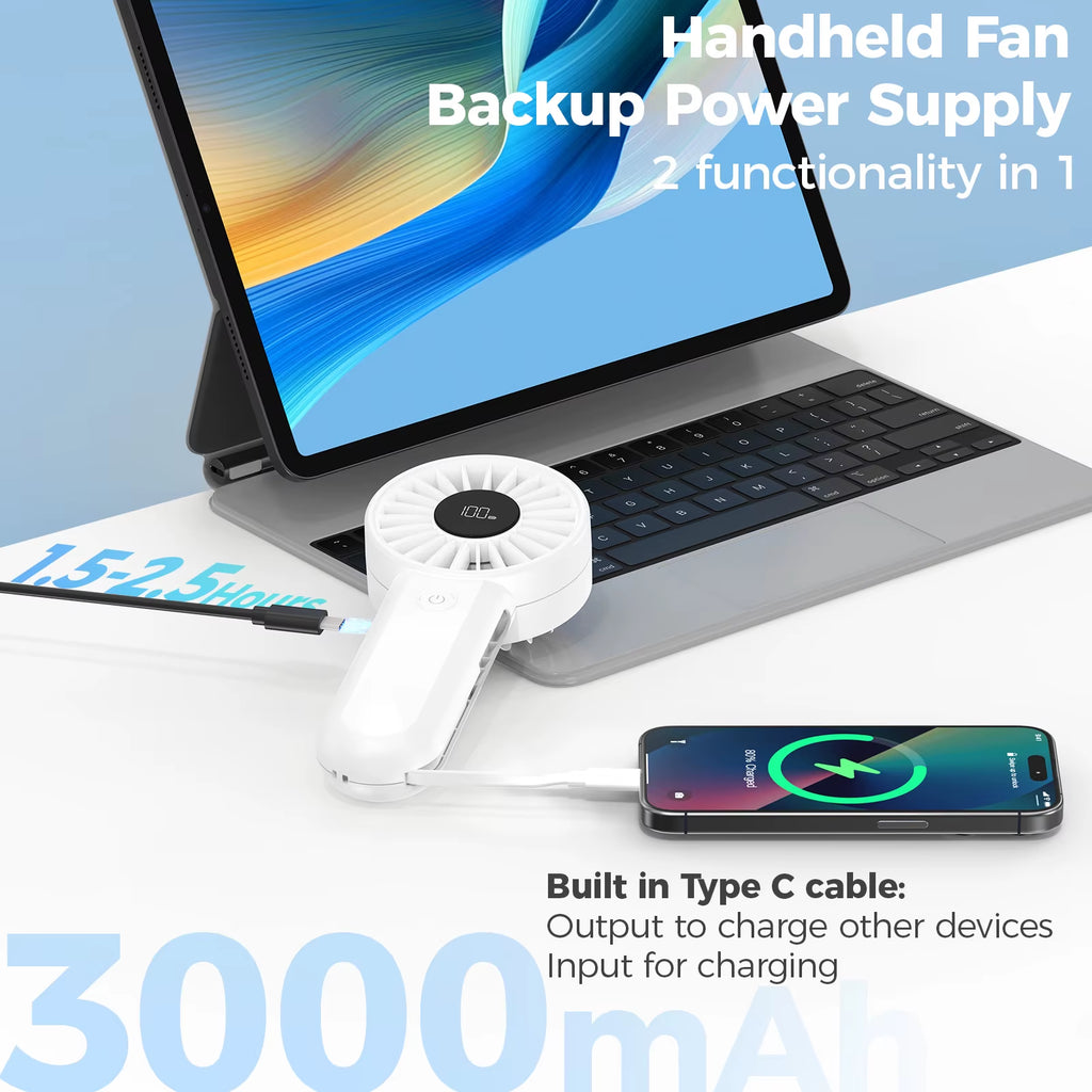 Bulk Order 2-In-1 Handheld Fan Power Bank, 3000Mah Rechargeable Multifunction Fan for Wholesale