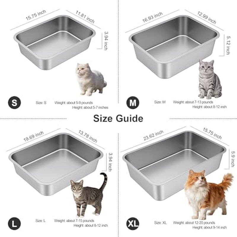 Stainless Steel Litter Box with High Sided, Metal Cat Litter Box, Odor-Free, Non-Stick Litterbox Pan, Easy to Clean Pet Supplies Toilet Tray for Indoor Cats, Kittens or Multicat Homes