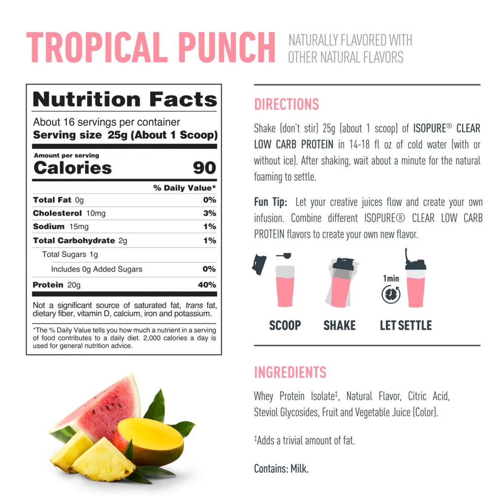 Clear Low Carb 100% Whey Protein Isolate Powder, Tropical Punch, 20G Protein, for Muscle Growth & Recovery, 16 Servings